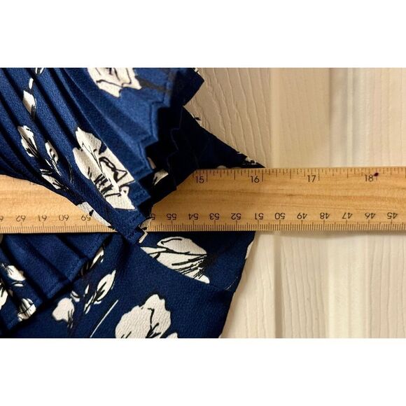 NWOT Lucy Paris Dark Blue Floral Dress Asymmetric Pleated Sleeve Lined Dress S - Picture 9 of 9